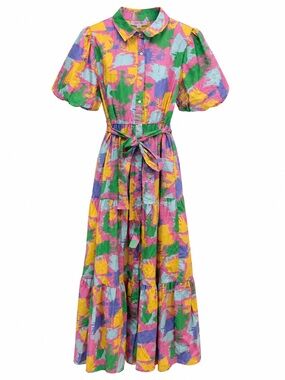 Brushstroke Print Puff-Sleeve Maxi Dress - Multicolor Cottagecore Garden Party